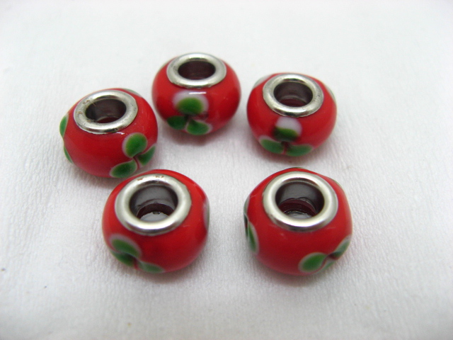 100 Red Murano Flower Round Glass European Beads - Click Image to Close