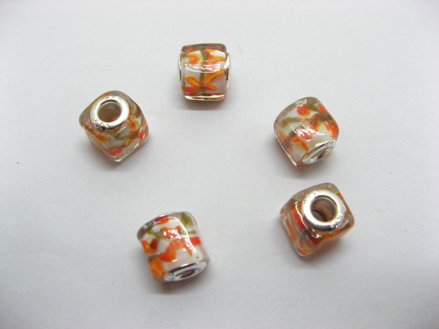 50 Orange Silver Cube Glass European Beads - Click Image to Close