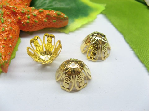 200pcs Golden Plated Flower Bead Caps 14mm - Click Image to Close