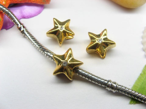10pcs Golden Star Beads Fit European Beads with White Rhinestone - Click Image to Close