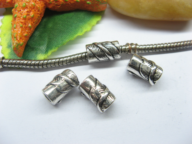 50pcs Tibetan Silver Barrel Beads with Leaf printed European - Click Image to Close